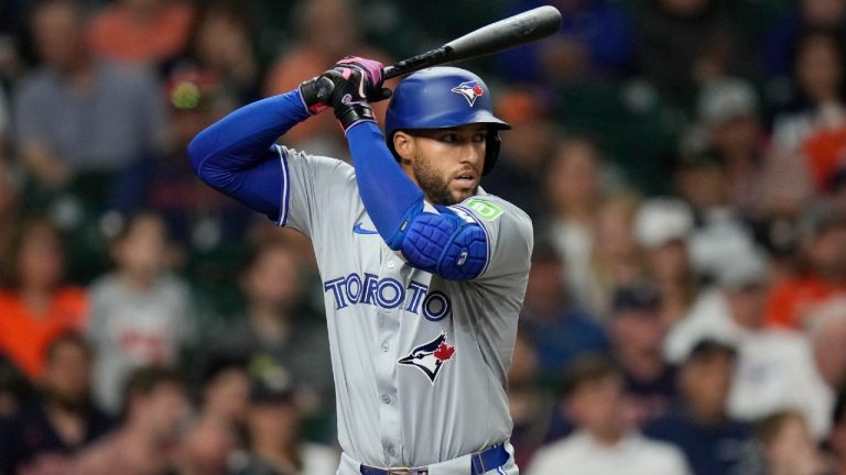 Toronto Blue Jays' George Springer bats against the Houston Astros during the third inning of a baseball game Wednesday, April 3, 2024, in Houston. (Eric Christian Smith/AP)