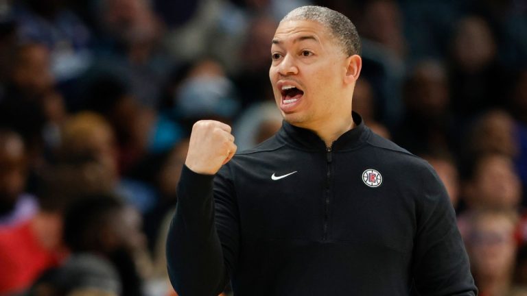 Los Angeles Clippers head coach Tyronn Lue argues a call during the second half of an NBA basketball game against the Charlotte Hornets in Charlotte, N.C., Sunday, March 31, 2024. (Nell Redmond/AP Photo)