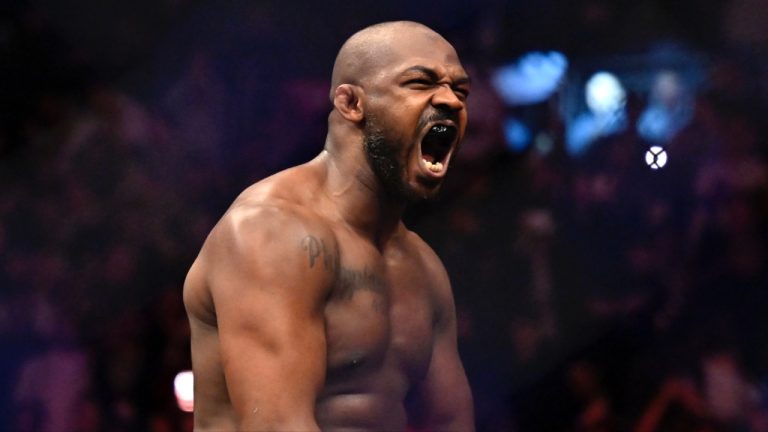 Jon Jones reacts after his victory over Ciryl Gane in a UFC 285 mixed martial arts heavyweight title bout in Las Vegas. (David Becker/AP)