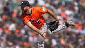 Houston Astros pitcher Justin Verlander throws against the Detroit Tigers in the eighth inning of a baseball game, Sunday, May 12, 2024, in Detroit. (Paul Sancya/AP)