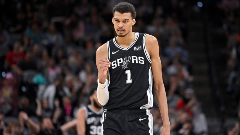 San Antonio Spurs' Victor Wembanyama celebrates a basket during the second half of an NBA basketball game against the Houston Rockets, Tuesday, March 12, 2024, in San Antonio. (Darren Abate/AP Photo)