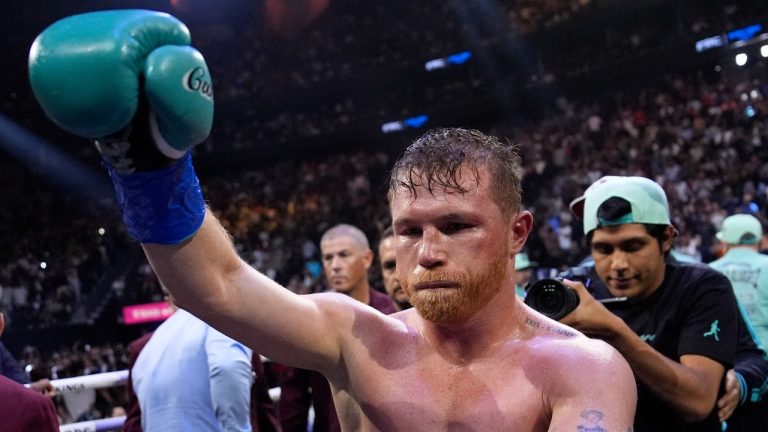 Canelo Alvarez celebrates after defeating Jaime Munguia in a super middleweight title fight Saturday, May 4, 2024, in Las Vegas. (John Locher/AP Photo)