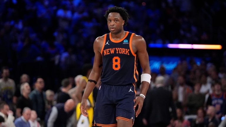 New York Knicks' OG Anunoby (8) during the second half of Game 2 in an NBA basketball second-round playoff series against the Indiana Pacers, Wednesday, May 8, 2024, in New York. The Knicks won 130-121. (Frank Franklin II/AP Photo)