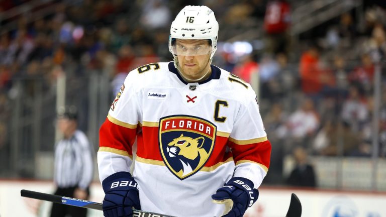 Florida Panthers centre Aleksander Barkov (16) during the second period of an NHL hockey game against the New Jersey Devils, Tuesday, March 5, 2024, in Newark, N.J. (Noah K. Murray/AP)