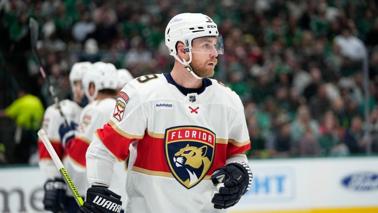 Florida Panthers' Sam Bennett prepares for a faceoff in the first period of an NHL game against the Dallas Stars in Dallas, Tuesday, March 12, 2024. (AP)