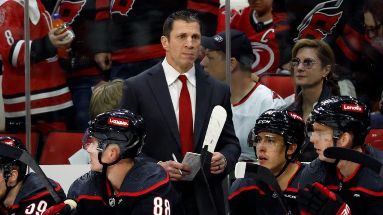 Carolina Hurricanes head coach Rod Brind'Amour watches form the bench during the second period in Game 1 of an NHL hockey Stanley Cup first-round playoff series in Raleigh, N.C., Saturday, April 20, 2024. (Karl B DeBlaker/AP)