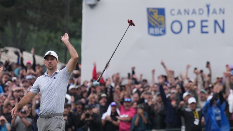 Nick Taylor reacts after winning the Canadian Open championship on the fourth playoff hole against Tommy Fleetwood in Toronto on Sunday, June 11, 2023. TPC Toronto at Osprey Valley will host the 2025 tournament. (Nathan Denette/CP)