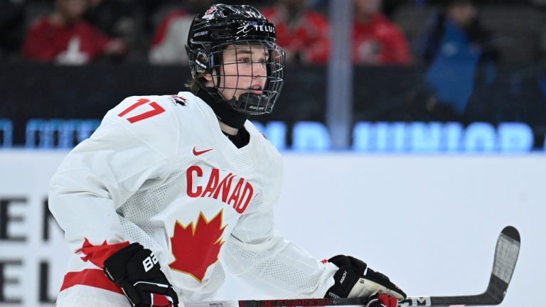 Canada's Macklin Celebrini in action during the IIHF World Junior Championship group A ice hockey match between Latvia and Canada at Scandinavium in Gothenburg, Sweden, Wednesday, Dec. 27, 2023. (Björn Larsson Rosvall/TT News Agency via AP)