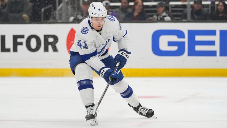 Tampa Bay Lightning right wing Mitchell Chaffee (41) moves the puck during the first period of an NHL hockey game against the Los Angeles Kings Saturday, March 23, 2024, in Los Angeles. (Jae C. Hong/AP)