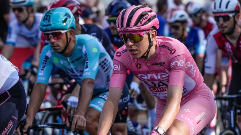 Slovenia's Tadej Pogacar, wearing the pink jersey overall leader, pedals during the final stage of the Giro d'Italia cycling race in Rome, Sunday, May 26, 2024. (Andrew Medichini/AP Photo)