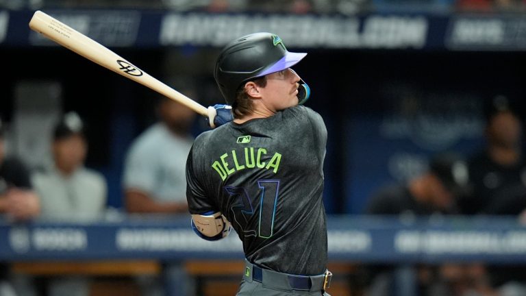 Tampa Bay Rays' Jonny DeLuca bats against the Chicago White Sox during a baseball game Monday, May 6, 2024, in St. Petersburg, Fla. (Chris O'Meara/AP Photo)