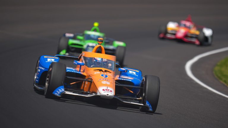 Scott Dixon, of New Zealand, drives through the first turn during the final practice for the Indianapolis 500 auto race at Indianapolis Motor Speedway in Indianapolis, Friday, May 24, 2024. (Michael Conroy/AP)