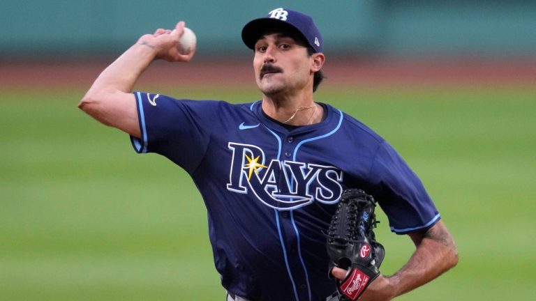 Tampa Bay Rays pitcher Zach Eflin delivers during the first inning of a baseball game against the Boston Red Sox at Fenway Park, Monday, May 13, 2024, in Boston. (Charles Krupa/AP)