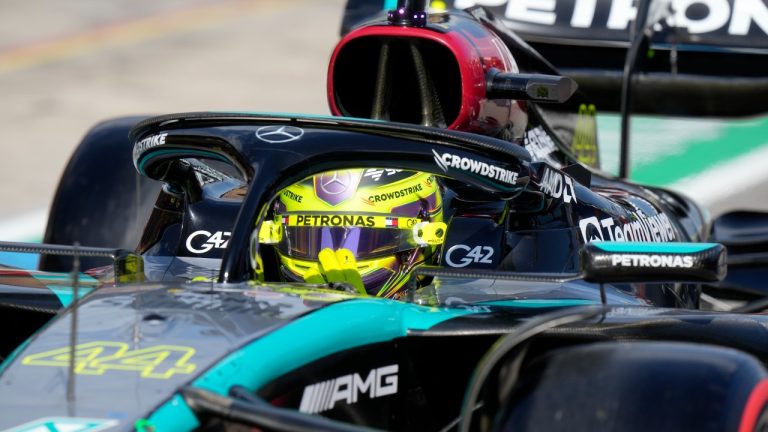 Mercedes driver Lewis Hamilton of Britain steers his car during qualifying session for the Italy's Emilia Romagna Formula One Grand Prix at the Dino and Enzo Ferrari racetrack in Imola, Italy, Saturday, May 18, 2024. (Luca Bruno, Pool/AP)