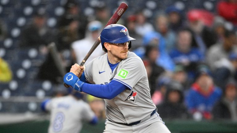 Toronto Blue Jays' Danny Jansen in action during a baseball game against the Washington Nationals, Saturday, May 4, 2024, in Washington. (Nick Wass/AP)