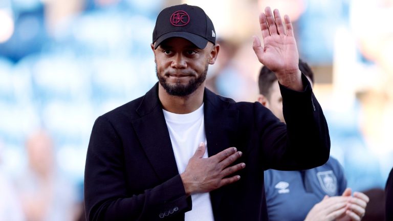 Burnley manager Vincent Kompany gestures, during the English Premier League soccer match between Burnley and Nottingham Forest, at Turf Moor, in Burnley, England, Sunday, May 19, 2024. (Richard Sellers/PA via AP)