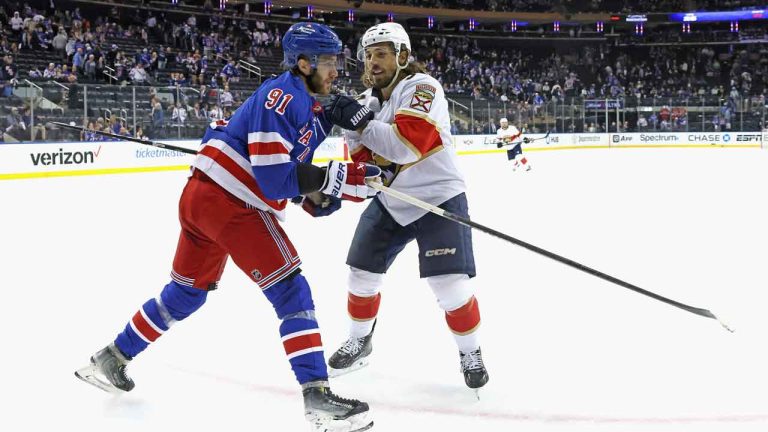 Alex Wennberg #91 of the New York Rangers skates against Ryan Lomberg #94 of the Florida Panthers in Game One of the Eastern Conference Final of the 2024 Stanley Cup Playoffs at Madison Square Garden on May 22, 2024 in New York City. (Bruce Bennett/Getty Images)
