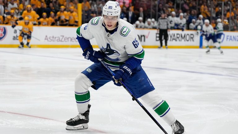 Vancouver Canucks right wing Ilya Mikheyev (65) plays against the Nashville Predators during the third period in Game 6 of an NHL hockey Stanley Cup first-round playoff series Friday, May 3, 2024, in Nashville, Tenn. (George Walker IV/AP)