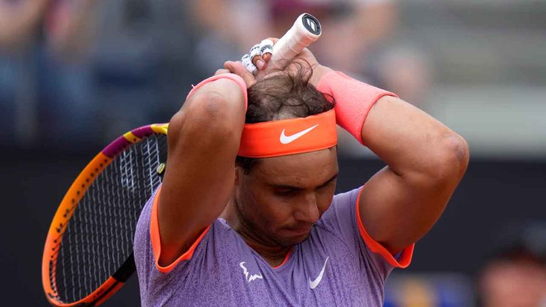 Spain's Rafael Nadal reacts after losing a point during his match at the Italian Open. (Alessandra Tarantino/AP)