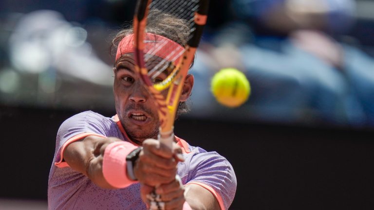 Spain's Rafael Nadal returns the ball to Belgium's Zizou Bergs at the Italian Open tennis tournament, in Rome, Thursday, May 9, 2024. (Alessandra Tarantino/AP)