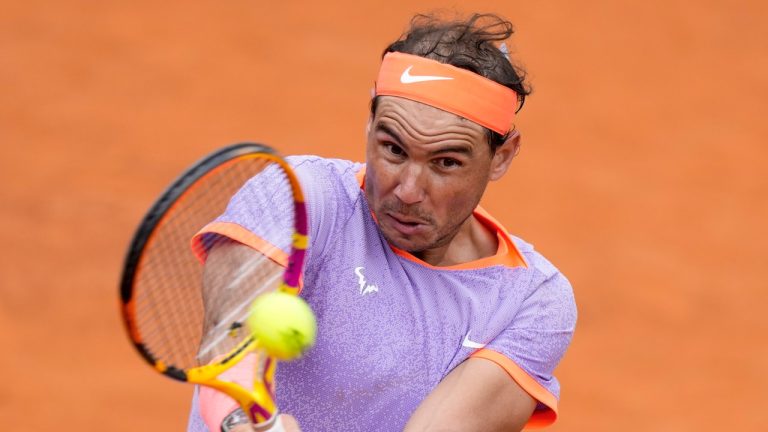 Spain's Rafael Nadal returns the ball to Belgium's Zizou Bergs at the Italian Open tennis tournament, in Rome, Thursday, May 9, 2024. (Andrew Medichini/AP)