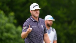 Taylor Pendrith gestures after sinking a birdie putt on the first hole during the final round of the Byron Nelson golf tournament in McKinney, Texas, Sunday, May 5, 2024. (LM Otero/AP Photo)