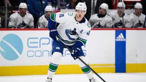 Vancouver Canucks centre Elias Pettersson (40) in action during the second period of an NHL hockey game against the Washington Capitals, Sunday, Feb. 11, 2024, in Washington. (Nick Wass/AP)