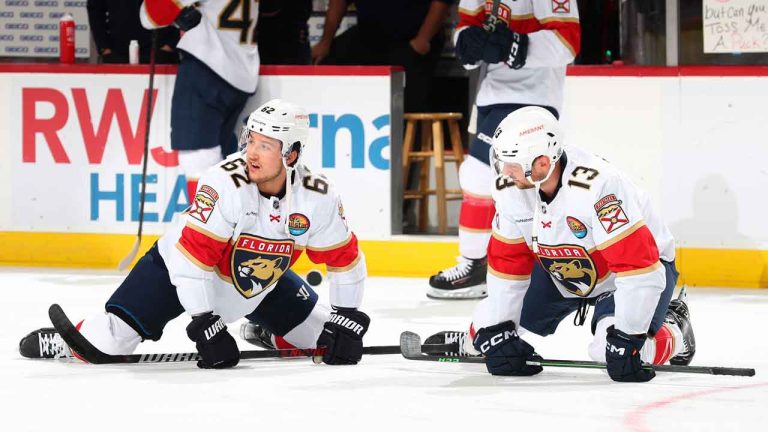 NEWARK, NJ - DECEMBER 17: Brandon Montour #62 of the Florida Panthers and Sam Reinhart #13 of the Florida Panthers warm up prior to an NHL game. (Rich Graessle/Getty Images)
