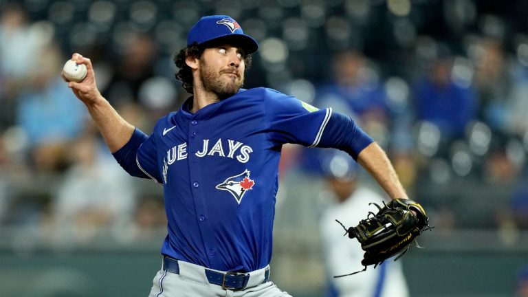 Toronto Blue Jays relief pitcher Jordan Romano throws during the ninth inning of a baseball game against the Kansas City Royals Monday, April 22, 2024, in Kansas City, Mo. The Blue Jays won 5-3. (Charlie Riedel/AP)