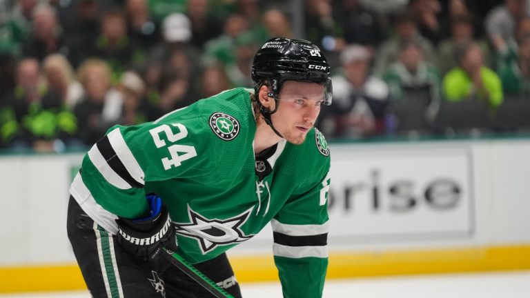 Dallas Stars centre Roope Hintz (24) waits on a face off in the second period in Game 2 of an NHL hockey Stanley Cup second-round playoff series against the Colorado Avalanche in Dallas, Tuesday, May 7, 2024. (LM Otero/AP)