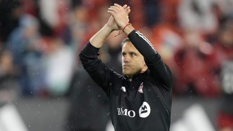 Toronto FC coach John Herdman thanks fans after the match against New York City FC in Toronto, Saturday, May 11, 2024. (Frank Gunn/CP)