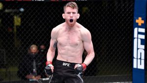 Cory Sandhagen reacts after his knockout victory over Frankie Edgar in their bantamweight fight during the UFC Fight Night event at UFC APEX on February 06, 2021 in Las Vegas, Nevada. (Chris Unger/Zuffa LLC via Getty)