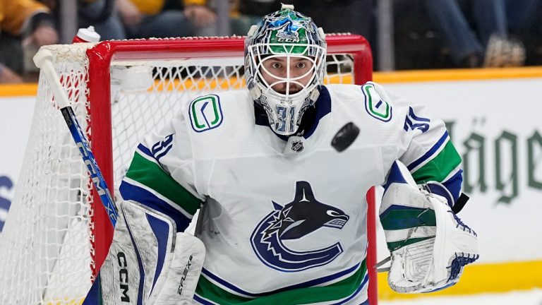 Vancouver Canucks goaltender Arturs Silovs (31) defends the goal against the Nashville Predators during the second period in Game 6 of an NHL hockey Stanley Cup first-round playoff series Friday, May 3, 2024, in Nashville, Tenn. (George Walker IV/AP)