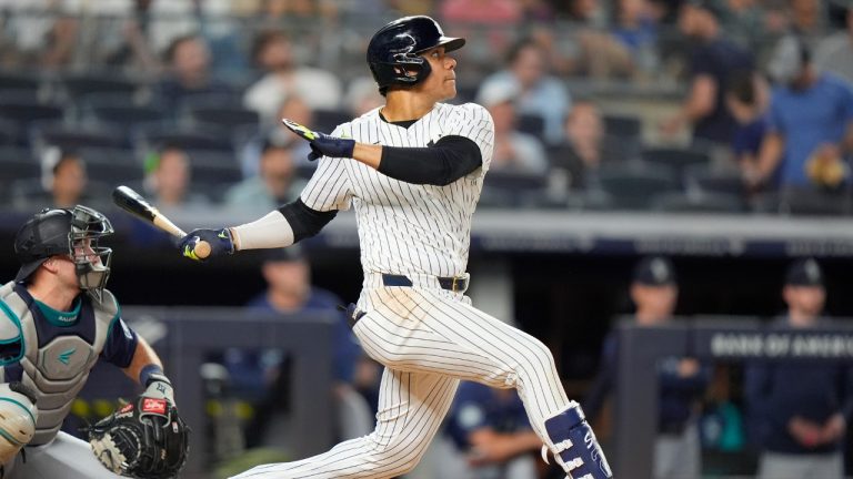 New York Yankees' Juan Soto follows through on a home run against the Seattle Mariners uring the sixth inning of a baseball game Wednesday, May 22, 2024, in New York. (Frank Franklin II/AP)