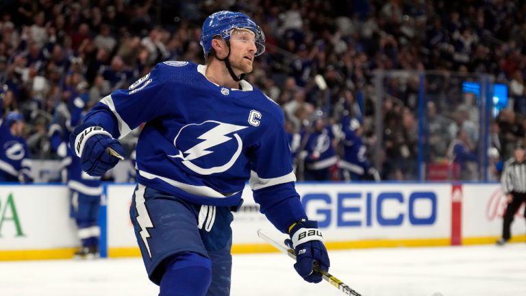 Tampa Bay Lightning centre Steven Stamkos celebrates his goal against the Buffalo Sabres during the second period of an NHL hockey game Monday, April 15, 2024, in Tampa, Fla. (Chris O'Meara/AP)