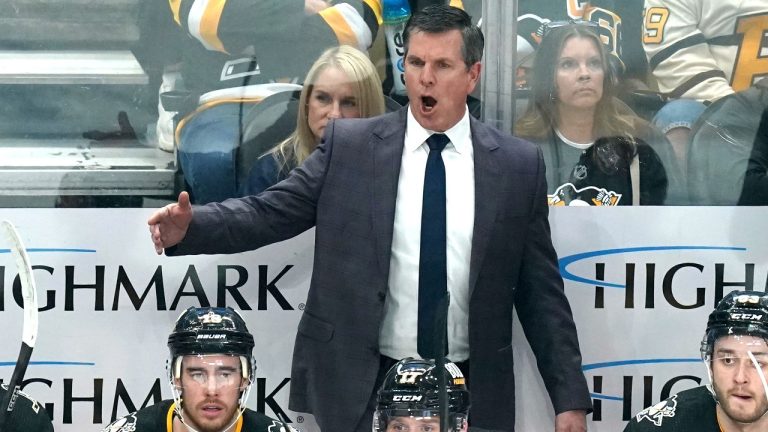 Pittsburgh Penguins coach Mike Sullivan calls out instructions to the team during the first period of an NHL hockey game against the Detroit Red Wings, Thursday, April 11, 2024, in Pittsburgh. (Matt Freed/AP)