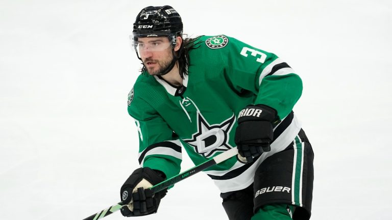 Dallas Stars defenseman Chris Tanev makes a pass during an NHL hockey game against the Winnipeg Jets in Dallas, Thursday, April 11, 2024. (Tony Gutierrez/AP)