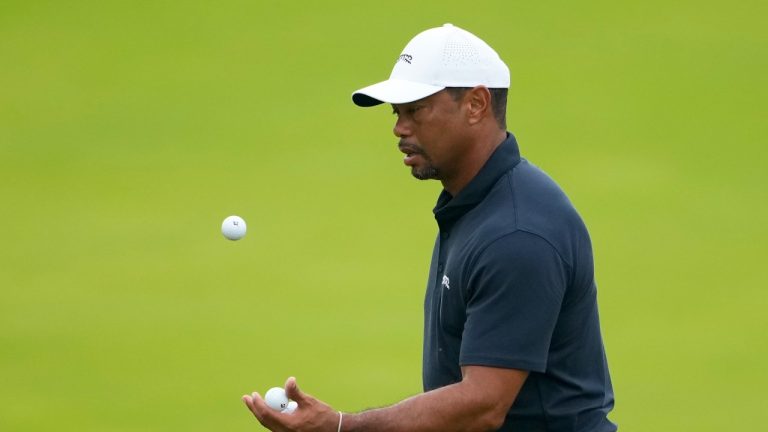 Tiger Woods catches a ball on the seventh hole during a practice round for the PGA Championship golf tournament at the Valhalla Golf Club, Wednesday, May 15, 2024, in Louisville, Ky. (Matt York/AP Photo)