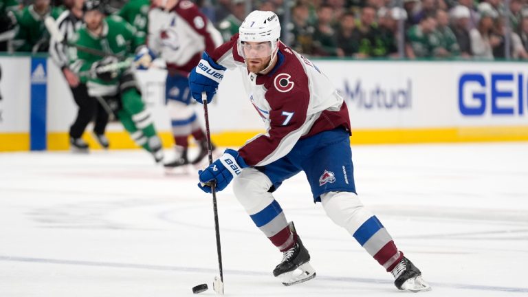 Colorado Avalanche defenceman Devon Toews controls the puck in the second period in Game 2 of an NHL hockey Stanley Cup second-round playoff series against the Dallas Stars in Dallas, Tuesday, May 7, 2024. (LM Otero/AP)