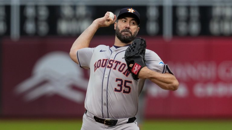 Houston Astros pitcher Justin Verlander throws to an Oakland Athletics batter during the first inning of a baseball game Friday, May 24, 2024, in Oakland, Calif. (Godofredo A. Vásquez/AP)