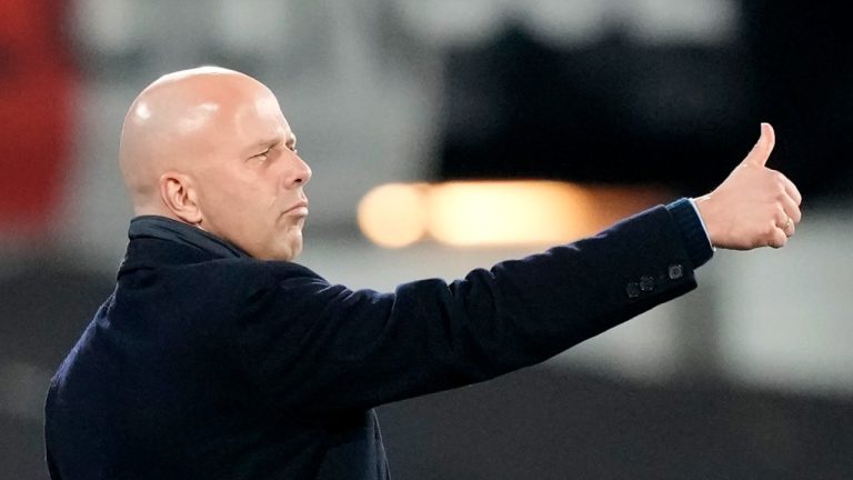 FILE- Feyenoord's head coach Arne Slot reacts to his players during the Europa League play off, first leg soccer match between Feyenoord and Roma at De Kuip stadium in Rotterdam, Netherlands, Thursday, Feb. 15, 2024.  (Peter Dejong/AP)