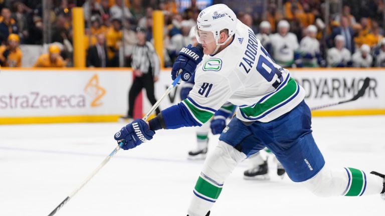 Vancouver Canucks defenceman Nikita Zadorov (91) plays against the Nashville Predators during the first period in Game 4 of an NHL hockey Stanley Cup first-round playoff series Sunday, April 28, 2024, in Nashville, Tenn. (George Walker IV/AP)