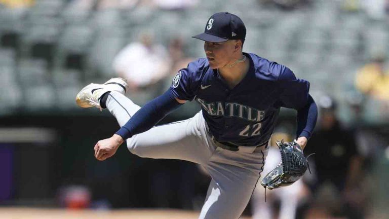 Seattle Mariners pitcher Bryan Woo works against the Oakland Athletics during the fourth inning of a baseball game in Oakland, Calif., Thursday, June 6, 2024. (Jeff Chiu/AP)