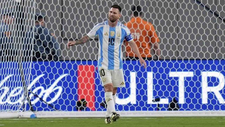 Argentina's Lionel Messi reacts during a Copa America Group A soccer match against Chile in East Rutherford, N.J., Tuesday, June 25, 2024. (Julia Nikhinson/AP)