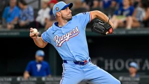 Texas Rangers starting pitcher Max Scherzer throws in his first baseball game back from the injury list in the first inning against the Kansas City Royals, Sunday, June 23, 2024, in Arlington, Texas. (Albert Pena/AP)