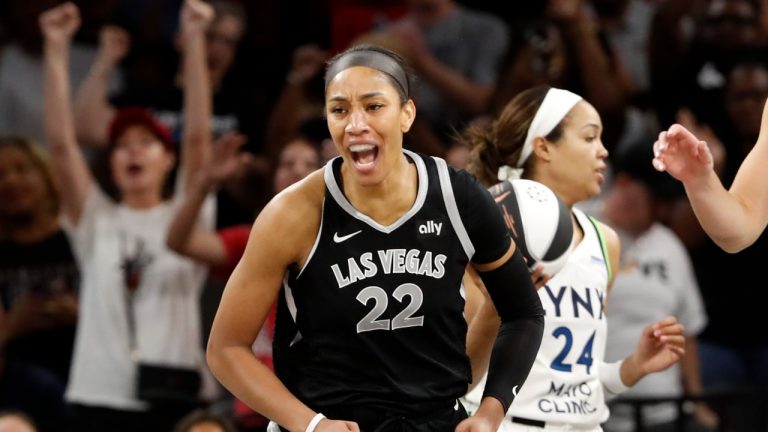 Las Vegas Aces' A'ja Wilson celebrates after making a basket during a game against the Minnesota Lynx, June 11, 2024. (Steve Marcus/Las Vegas Sun via AP)