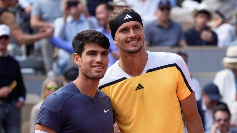 Carlos Alcaraz and Alexander Zverev are both seeking a first French Open championship as they play in the final on Sunday. (AP/Christophe Ena)