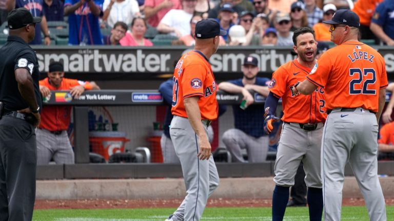 Houston Astros' Jose Altuve argues on the field before being ejected by umpire James Jean during the seventh inning of a baseball game against the New York Mets, Sunday, June 30, 2024, in New York. (Pamela Smith/AP Photo)