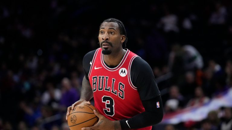 Chicago Bulls' Andre Drummond plays during an NBA basketball game, Tuesday, Jan. 2, 2024, in Philadelphia. (AP Photo/Matt Slocum)