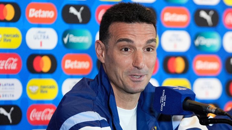 Argentina coach Lionel Scaloni speaks to reporters during a news conference ahead of the team's Copa America soccer match against Chile, Monday, June 24, 2024, in Rutherford, N.J. (Julia Nikhinson/AP)